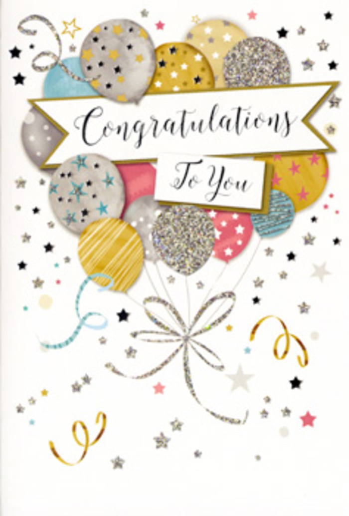 In this image, a beautifully designed congratulations card stands prominently, echoing the joy of a well-deserved celebration in Rush Green. The artwork on the front features a lush, stylised bouquet of balloons, carefully arranged as if by an expert hand. Metallic shades of gold, silver, champagne, sky blue, rose pink, and soft grey mingle together, each balloon overlapping slightly to create a sense of fullness and gentle depth. Delicate details bring the balloons to life: some are sprinkled with star-shaped confetti, others have glimmering stripes, while a few carry subtle speckles of glitter that suggest a soft, luminous sheen, like evening light over nearby parks and streets. Flowing from the base of the cluster, narrow ribbons in gold and silver twist and curl downwards, evoking the look of trailing satin ties on a hand-tied bouquet from Florist Rush Green.

Cutting gracefully across the central arrangement is a sweeping banner, lightly curved as though caught in a breeze, with "Congratulations To You" written in elegant, scripted lettering. The surrounding background is kept light and airy, peppered with tiny metallic stars, swirling lines, and delicate dots that evoke the joyful scatter of confetti after good news is shared among family and friends in Rush Green and Romford. The card's colour palette is soft yet celebratory, maintaining a refined balance between festivity and sophistication. As a local florist, I imagine this card leaning against a vase of fresh blooms on a dining table, its gentle glitter catching the light. The overall feeling is one of warm appreciation, pride, and delight-an ideal companion to flowers when recognising hard work, acknowledging a new chapter, or simply saying "you did it" with sincerity.