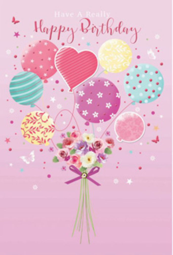 Gentle, celebratory birthday card illustration where pastel balloons appear to lift a tiny garden bouquet, described with the warmth of an experienced Rush Green flower arranger. A soft rose-pink background sets a tranquil tone, smooth and even, like a freshly painted wall in a cosy home near Rush Green. From this calming backdrop emerges a vertical cluster of balloons in pale yellow, blush pink, lilac and mint, their shapes overlapping slightly to create depth. Each balloon is decorated in a different way: some with spiral stripes that twist upward, others sprinkled with bright dots, and a few shaded in subtle ombré tones that fade from one pastel colour to another. Near the centre hovers a heart-shaped balloon in a warmer pink, drawing the eye with a gentle suggestion of love and gratitude. At the bottom of the balloon strings rests a hand-tied bouquet, its stems carefully bound with a shimmering purple bow. The flowers in this illustrated posy are small yet lush: petite roses and daisy-like blossoms with petals softly shaded from cream to rose, giving the impression of blooms kissed by early morning light along nearby green spaces. Leafy accents in muted greens weave between the petals, rounding out the bouquet without overpowering its pastel softness. Around the main elements, small starbursts and butterfly motifs drift through the air like birthday confetti, adding a sense of motion and whimsy that feels right at home in Rush Green's family celebrations. The image carries a mood of quiet joy and affection, as if capturing a cherished moment when balloons, flowers and heartfelt wishes all come together in one perfectly timed surprise.