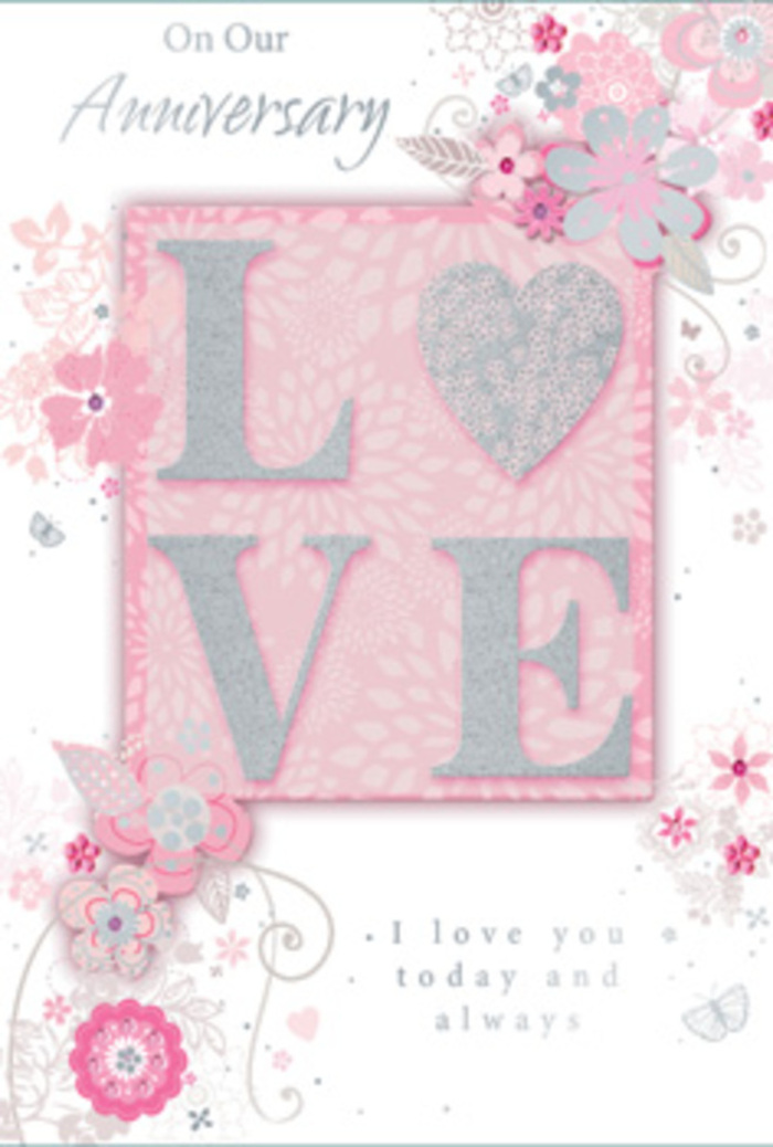 In this image, the anniversary card appears as a paper echo of a romantic bouquet, carefully composed with the same attention to detail you might expect from Florist Rush Green when creating a bespoke anniversary arrangement. The dominant feature is the word "LOVE," positioned centrally, each letter embossed and generously coated in a frosted glitter that shifts between soft blush and shimmering silver. The texture looks rich and slightly raised, suggesting a pleasant roughness beneath the fingers, much like the feel of a ribboned stem wrap on a fresh bouquet. Behind and around this central word, the card's surface is washed in a muted blush pink, not overly bright but warm and comforting, like the sky over Rush Green Park at sunset. Delicate, hand-drawn flowers frame the lettering, drifting along the borders and into the corners with an airy lightness. These blooms, rendered in fine, precise outlines, show layered petals and small, rounded centres, their colouring a harmonious mix of pale pink, lilac blush, ivory, and soft grey. Filigree scrolls and dainty leaves intertwine with the blossoms, while tiny butterflies and subtle curved lines hide in the negative space, adding depth without crowding the design. The overall arrangement feels balanced, similar to a well-structured bouquet where each stem has its place. Below or beside the main motif, an understated message, something like "I love you today and always," is printed in a graceful, modern script that doesn't compete with the floral artwork. Together, the glittered lettering, gentle colours, and flowing details give the card a tender, timeless mood, perfectly suited to marking another year of love for couples in Rush Green and the surrounding area.