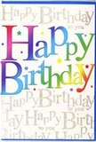 This birthday card radiates the kind of cheerful energy you'd expect at a lively celebration in Rush Green, its design crafted to feel both modern and warmly personal. Across the middle, the words "Happy Birthday" are written in large, bold letters that look soft and rounded, almost like they've been carefully painted by hand. The interior of each letter carries a continuous sweep of colour, drifting gradually from dark cherry and raspberry reds into rich purples, then transitioning into ocean blues, turquoise, grassy greens, and bright yellows. The smooth gradients create a sense of motion, like a rainbow slowly unfolding or a bouquet of mixed flowers spread across a counter at a local Rush Green florist. Tiny specks and small star-like marks punctuate the space around the main text, giving the impression of swirling confetti caught in mid-air at a family party. Behind this joyful lettering, the entire background is covered in neat lines of metallic gold handwriting, repeating the phrase "Happy Birthday to you" in a looping script. The gold is understated yet clearly reflective, catching light in a subtle, elegant way, much like the soft shine on gift wrap or ribbon. The card's surface appears silky and smooth with a gentle sheen, enhancing the depth of the colours and the clarity of the gold script. Altogether, the design feels bright, affectionate, and full of celebration, ideal for tucking beside a vase of birthday blooms delivered to a home near Rush Green Road or Romford, where the card's playful colours and shimmering details can help turn a simple gesture into a memorable moment.