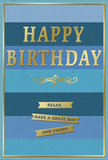 This birthday card is designed with a calm, composed beauty that echoes the gentle pace of everyday life around Rush Green. The background is structured in wide horizontal stripes of blue, starting with a rich navy at the top, transitioning through mid-blue and teal, and softening into pale sky blue toward the bottom. These layered tones create a restful ombre effect, as if you're looking at a serene horizon stretching out in subtle bands of colour. In the midst of this blue canvas, the words "HAPPY BIRTHDAY" appear in generous, embossed gold lettering, standing tall and clearly spaced. The metallic finish gives each letter a soft glimmer, catching passing light like sunshine on a windowpane. Directly beneath, a delicate golden flourish adds a sophisticated touch, its curved lines separating the main greeting from the more relaxed message below. Three slender gold banners are lined up in a tidy vertical stack, each one bearing part of the phrase "Relax, have a great day and enjoy!" Their foil surfaces reflect a gentle shine, enhancing the sense of quiet festivity. A slim gold border traces the outer edge of the card, framing the design with a sense of completion and care. The cardstock itself appears smooth and substantial, with the raised gold elements inviting a curious fingertip to follow each line and letter. It's easy to picture this card propped on a mantel or dining table in a Rush Green home, placed beside a hand-tied bouquet from a trusted local florist, and offering someone a moment of peaceful, heartfelt birthday joy.