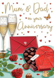 This anniversary card illustration offers a romantic, indulgent scene that could easily grace a Rush Green living room just before a special family toast. In the centre, two rich red roses are depicted with generous, overlapping petals, their velvety texture almost touchable, surrounded by deep green leaves that frame them like a florist's careful finishing touch. Beside them, a heart-shaped box of chocolates sits enticingly open, the interior dotted with neatly arranged truffles, each shaded to convey a glossy, melt-in-the-mouth appeal. A wide red bow, tied with a sense of occasion, wraps the box; its flowing ribbons trail across the table in gentle curves that echo the roses' soft forms. Behind this inviting foreground, a pair of tall champagne flutes stands side by side, filled with pale golden champagne. Fine bubbles rise within the glasses, frozen mid-movement, as if just waiting for someone to lift them in a toast to "Mum & Dad." All around, tiny golden and crimson hearts drift gracefully, some circling the lovingly hand-lettered message, others scattered toward the edges of the design like the last bits of confetti from a party near Rush Green Road or nearby Romford. A bright scarlet envelope lies close by, its flap sealed tight, hinting at handwritten words filled with appreciation, shared stories, and perhaps a few private jokes from years gone by. Soft, warm lighting gives the entire composition a cosy glow, reminiscent of evening lamplight shining on glass and satin ribbon. Together, the roses, chocolates, champagne, and hearts create a scene that captures the essence of anniversary celebrations in Rush Green: intimate, heartfelt, and full of lasting affection.